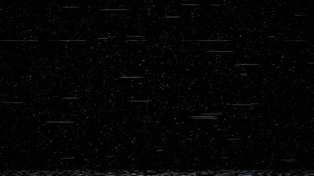 VHS bad tracking glitch on black background with flickering white dropout lines, colorful static specks and rolling band, seamless overlay loop in 4K