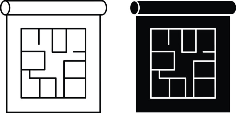Two different stylized icons representing a floor plan layout on a rolled paper scroll