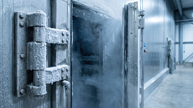 Frozen chain logistics facility with open insulated freezer door and frost covered metal hinges, conveying cold industrial storage environment.