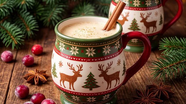 Cozy winter traditions evoke comfort through steaming holiday eggnog in ceramic reindeer mugs. Diagonal panning shot over rustic wooden table with spices.