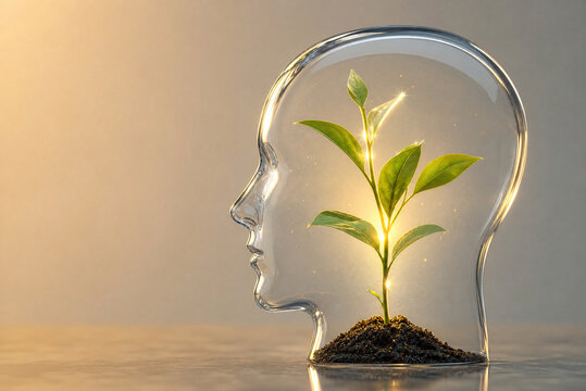 Mental growth concept with green plant inside glass head, psychological development and mindfulness symbol, transparent human profile with sprout