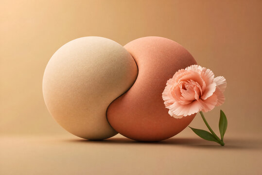 Minimalist abstract composition with smooth clay spheres, warm terracotta and beige organic forms, delicate pink flower on neutral background