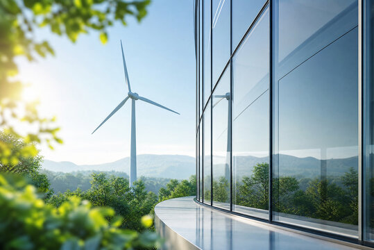 Sustainable wind turbine reflection on modern glass building, renewable energy concept for green corporate business, eco-friendly power technology