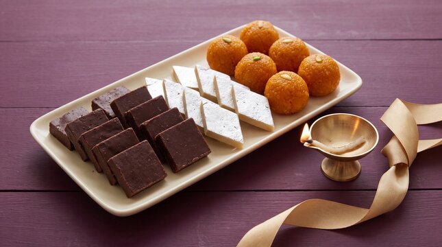 Traditional diwali sweets platter with kaju katli laddu and chocolate