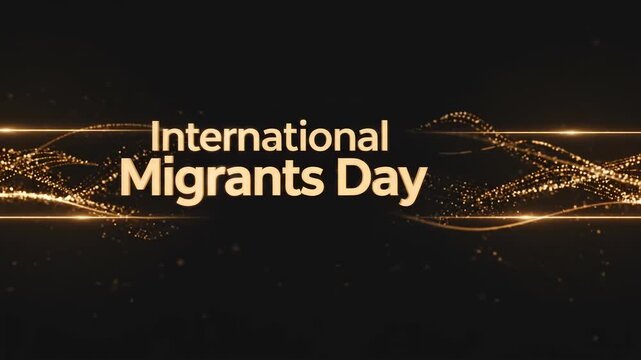 International Migrants Day text on a dark background with elegant golden particle waves and shimmering light effects.