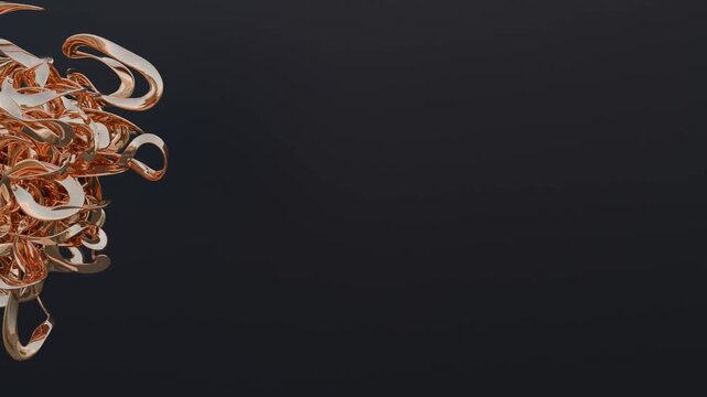 Abstract 3D rose gold metallic twisted wires loop animation on black background, luxury copper geometric shape spinning in horizontal motion graphic