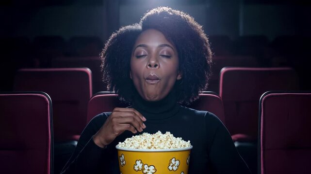 Cinema immersion captures deep emotional engagement and cinematic fascination. Frontal medium shot of a young Black woman eating popcorn in a dark movie theater.
