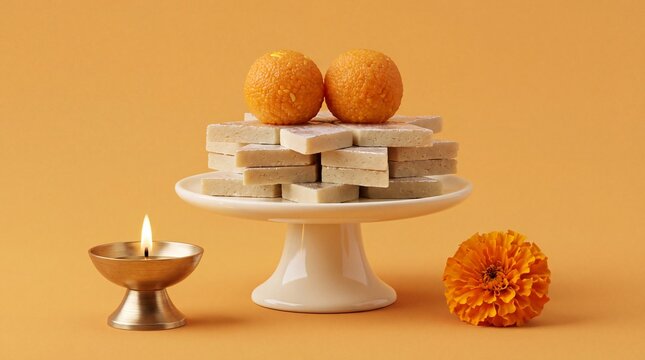 Diwali festival sweets kaju katli and laddu on white plate with lit