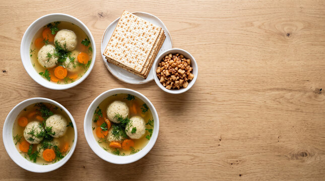 Passover matzo ball soup with carrots and dill, matzah and charoset, top view with copy space