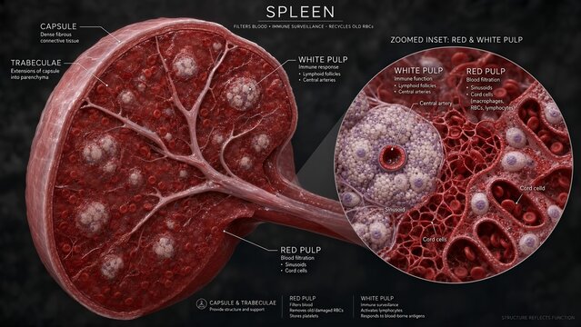 3d medical anatomical illustration of spleen model showing capsule trabeculae red pulp sinusoids for blood filtration and white pulp lymphoid follicles with central arteries for immune response