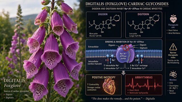 Purple foxglove flowers with digoxin and digitoxin molecules inhibiting na k atpase pump and inset showing increased intracellular calcium and cardiac arrhythmias
