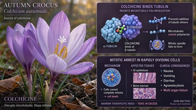 Pale purple autumn crocus with colchicine molecules inhibiting tubulin polymerization and inset showing mitotic arrest causing gi toxicity and multi organ failure