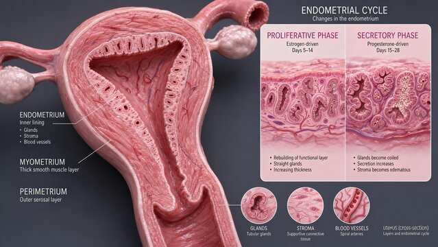 3d medical anatomical illustration of uterus cross section model showing endometrium with glands, thick smooth muscle myometrium, and outer serosal perimetrium layer for gynecology study
