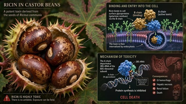 Castor beans with ricin a and b chains entering cell glycoproteins and inset showing 28s rrna depurination inhibiting protein synthesis and causing liver necrosis