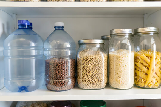 Emergency food storage with water jugs and jars of rice and beans