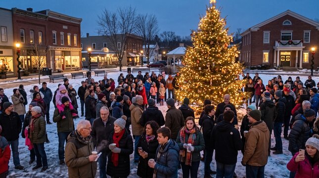 Festive crowd gathered around illuminated Christmas tree in town square at night during winter holiday celebration
