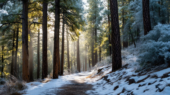 Winter frosty winter landscape. Snow covers ground and trees and air crisp, cold. Perfect winter holidays seasonal themes, tranquility, vacations and holidays. Christmas or New Year winter background