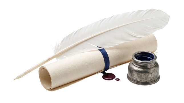 Vintage feather quill pen with parchment scroll, classic inkwell and red wax seal isolated on white background