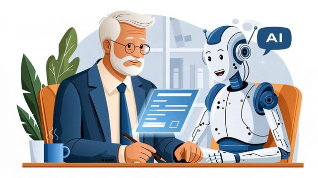 An elderly businessman and a humanoid robot co-working to analyze financial charts on a futuristic screen. A concept for AI collaboration in business. Flat design animation, cartoon style.