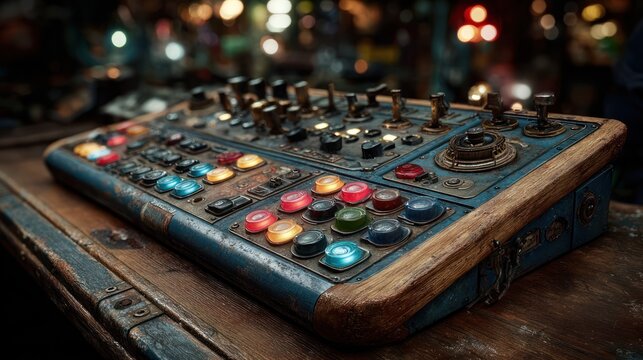 Close-up of a vintage-style control panel with buttons, knobs, and switches on a wooden surface