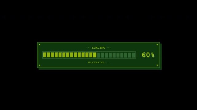 A classic retro arcade game UI loading interface featuring an authentic 4-color Game Boy monochrome green palette. Designed with a thick block-based meter and large percentage display. Built with a fu