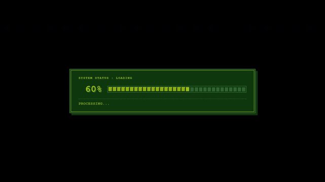 A classic retro terminal game UI loading interface featuring an authentic 4-color Game Boy monochrome green palette. Built with a fully transparent background for video compositing.
