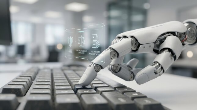 Futuristic robotic hand typing on computer keyboard in modern office concept