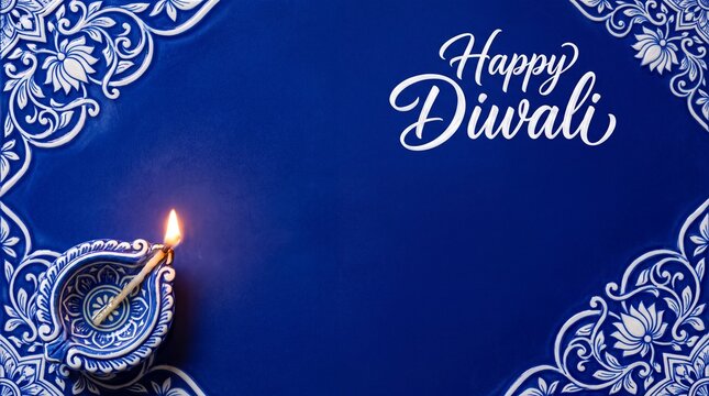 Happy Diwali greeting card with glowing oil lamp on blue background