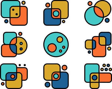 Overlapping rounded squares and circles icon set in teal and orange, vector icon set isolated on white