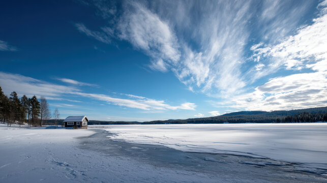 Winter frosty winter landscape. Snow covers ground and trees and air crisp, cold. Perfect winter holidays seasonal themes, tranquility, vacations and holidays. Christmas or New Year winter background