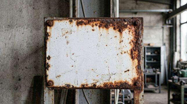 A close up view of an industrial sign with a prominent rust texture metal covering its edges, set against a concrete wall inside a workshop filled with various tools and equipment