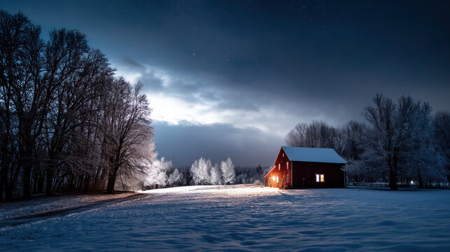 Winter frosty winter landscape. Snow covers ground and trees and air crisp, cold. Perfect winter holidays seasonal themes, tranquility, vacations and holidays. Christmas or New Year winter background