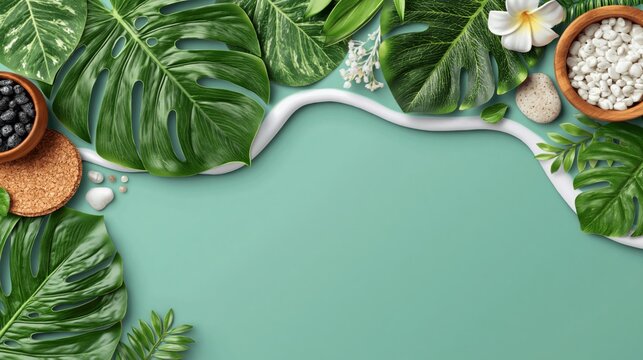 Tropical green leaves and spa elements frame a teal background with a white wavy line.