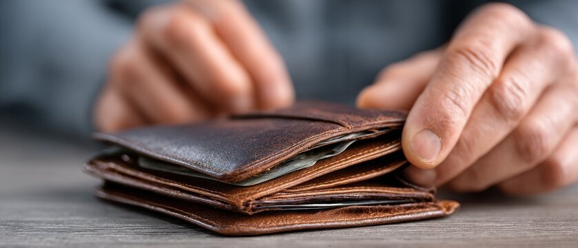 A person holds an open brown leather wallet on a wooden surface with a blurred background.