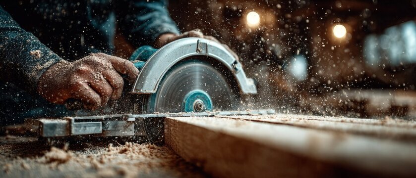 A close up of a worker using a circular saw to cut wood with sawdust flying in the background.