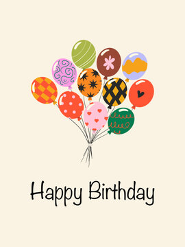 Happy Birthday Card Vector Illustration Patterned Balloons Playful Handwritten Style