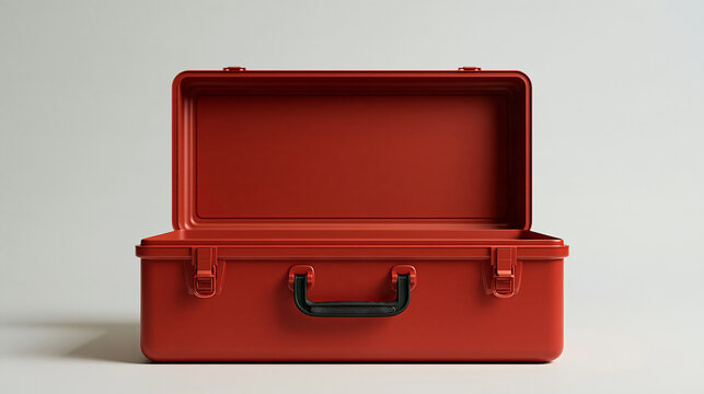 Single open toolbox isolated on plain seamless studio background soft studio lighting centered minimal composition, drug interaction maintenance preparedness organized