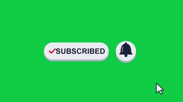 Subscribe button click animation with cursor and bell notification on green screen