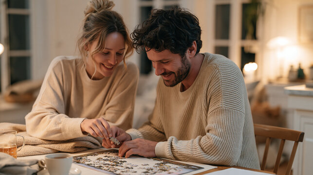 A young couple spending a quiet winter evening assembling a large jigsaw puzzle on a dining table, intricate landscape pieces, hot tea, soft blankets and warm lighting, indoor