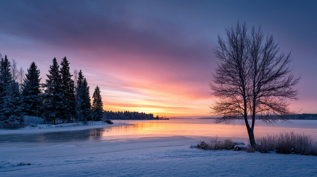 Winter frosty winter landscape. Snow covers ground and trees and air crisp, cold. Perfect winter holidays seasonal themes, tranquility, vacations and holidays. Christmas or New Year winter background
