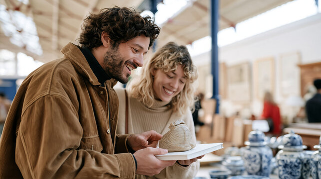 A young couple searching for interesting vintage objects at an indoor antique market on a cold winter weekend, secondhand shopping, vintage collectibles, antique furniture, retro