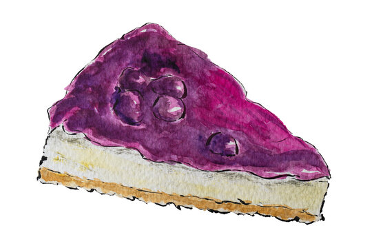 Blueberry Cheese Pie Slice Handmade Watercolor Illustration Isolated on White Background