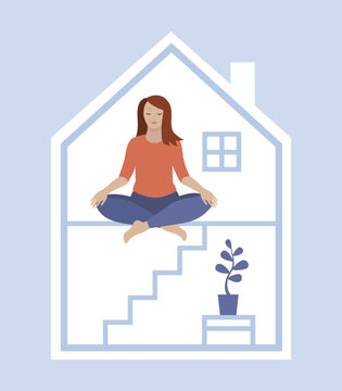 Woman meditating at tiny home, small house living lifestyle