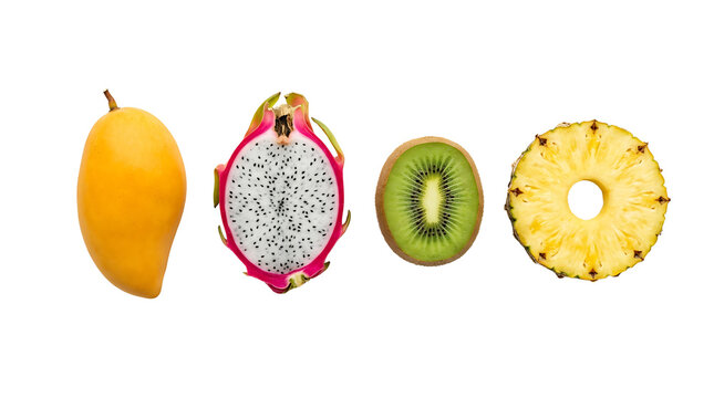 Yellow mango slice halved dragon fruit fresh kiwi ring and pineapple circle on white background with fruit slices, tropical white background