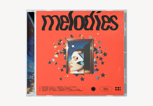 CD Mockup PSD With Red Album Cover And Vintage Portrait Artwork