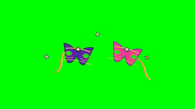 Minimal flat vector animation of colorful carnival party masks with flowing decorative ribbons and sparkling star accents. Smooth rhythmic motion, subtle overshoot, and seamless looping make this cele