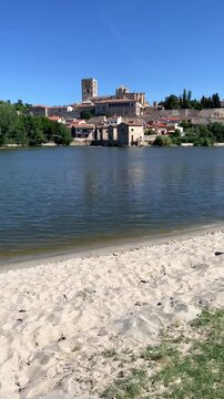 zamora cathedral and duero river shoreline with medieval city view, spain