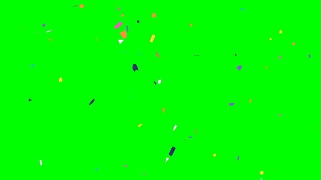 Colorful 2D flat vector confetti falling with natural drifting, tumbling, and varied rotation on a solid chroma green background. Seamless loop suitable for chroma key compositing in party videos, cel