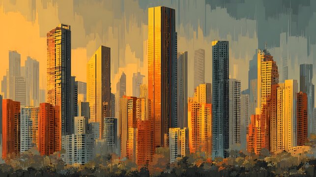 Golden sunset light reflecting on modern city skyline skyscrapers and tall urban buildings illustration.