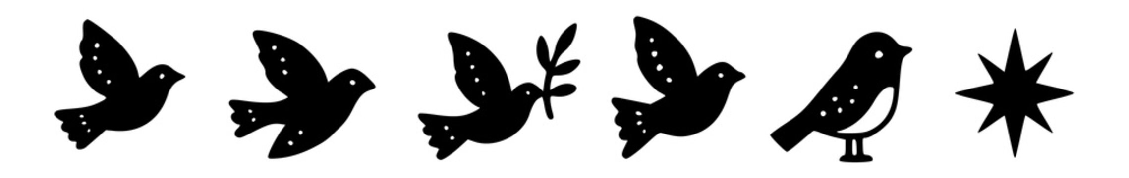 Black dove and bird silhouettes set on transparent background. Flying peace doves with olive branch and star border clip art PNG